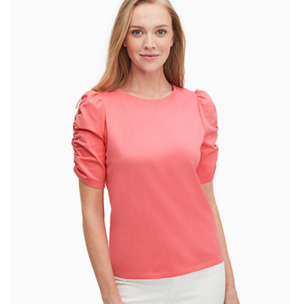 Kate Spade Coral Pink Ruched Sleeve Top Shirt Tee Size Large Nwt